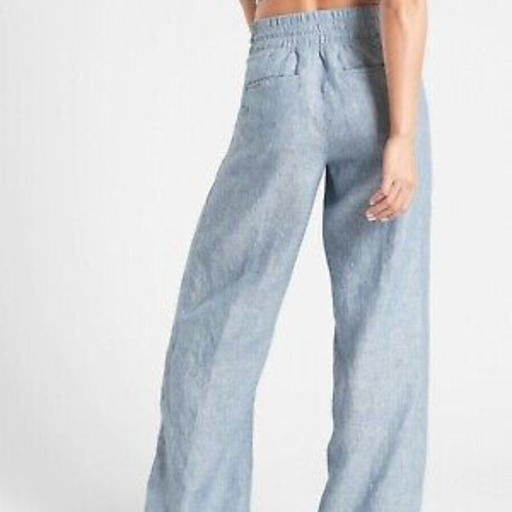 ATHLETA 4T Blue Heather Cabo Linen Textured Wide Leg Pants 100% Linen